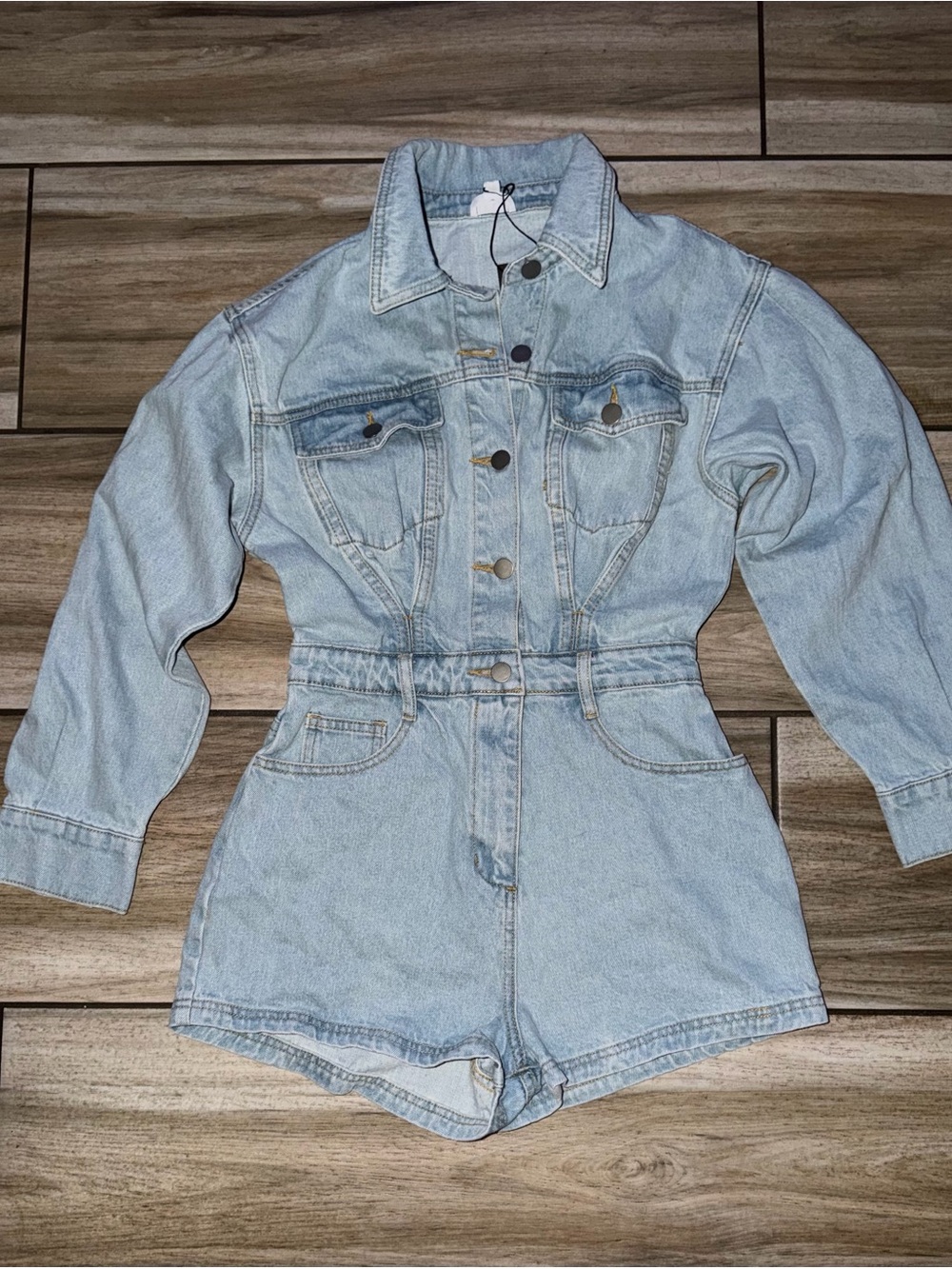 Le Lis Light Blue Denim Shorts Romper